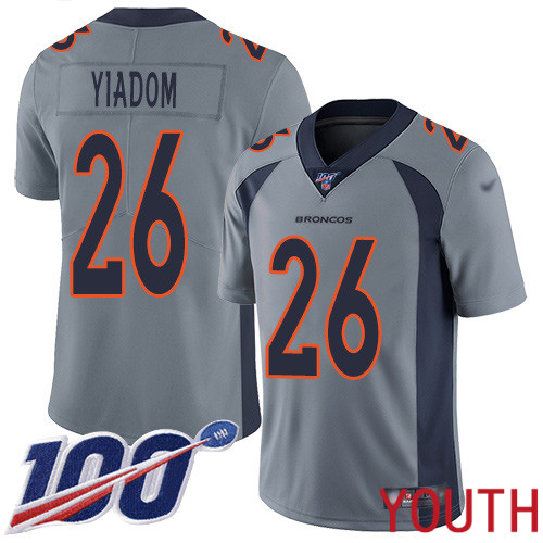 Youth Denver Broncos #26 Isaac Yiadom Limited Silver Inverted Legend 100th Season Football NFL Jersey